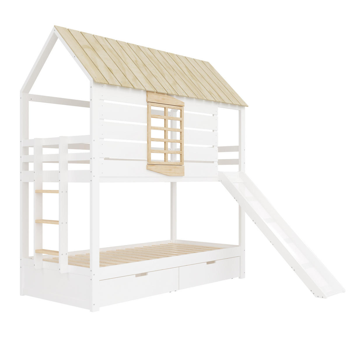 ETAGENBETT aus Kiefer und MDF 90x200 cm Weiß/Natur mit Rutsche, 2 Schubladen und Hausdach - Weiß, Holzwerkstoff (90/200cm) - Modfu