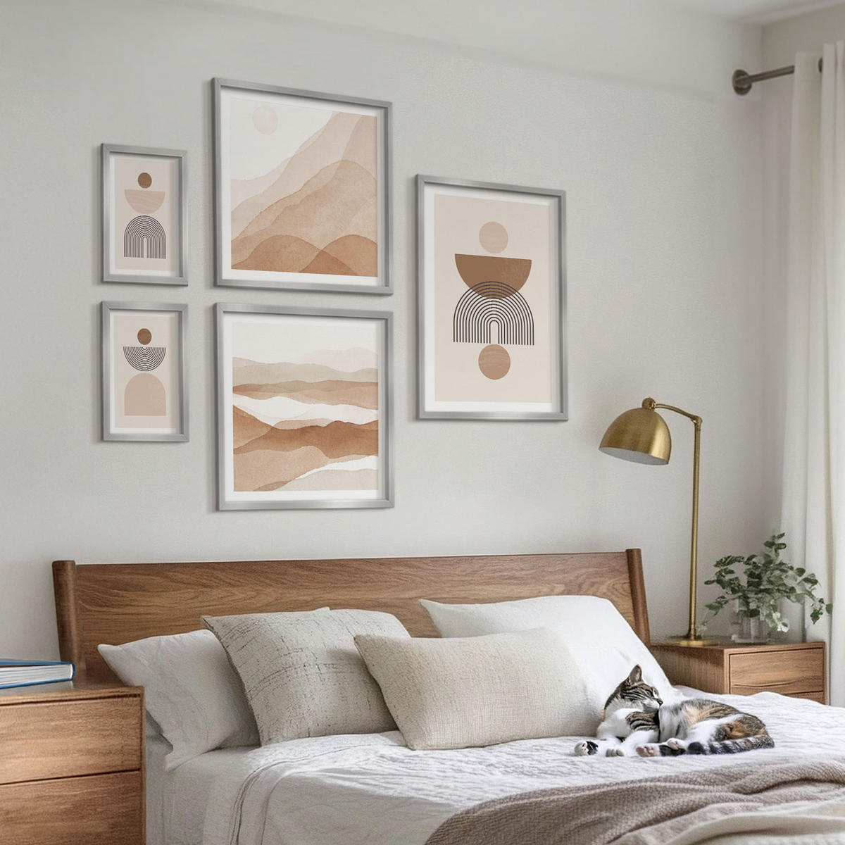 BILDER SET 5er Set - 50x50 cm & 20x30 cm & 40x60 cm Silberner Rahmen - Abstraktes Boho-Design - Silberfarben, Kunststoff (40/60cm) - TULUP