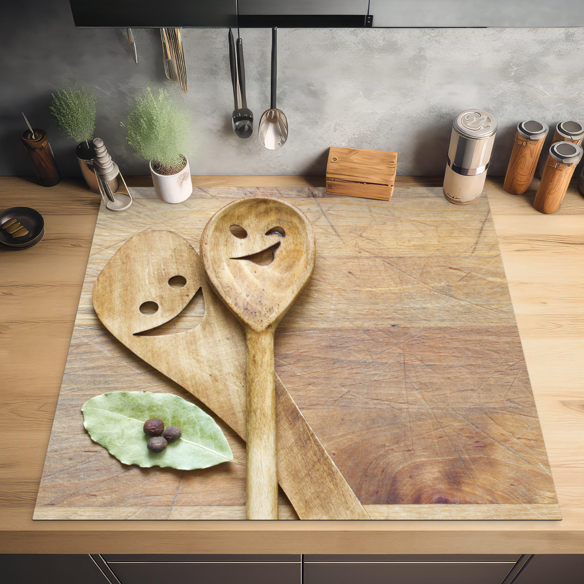 HERDABDECKPLATTE Holz - Löffel - Braun - Smiley 78x78 cm - Hellbraun, Kunststoff (78/0.2/78cm) - MuchoWow
