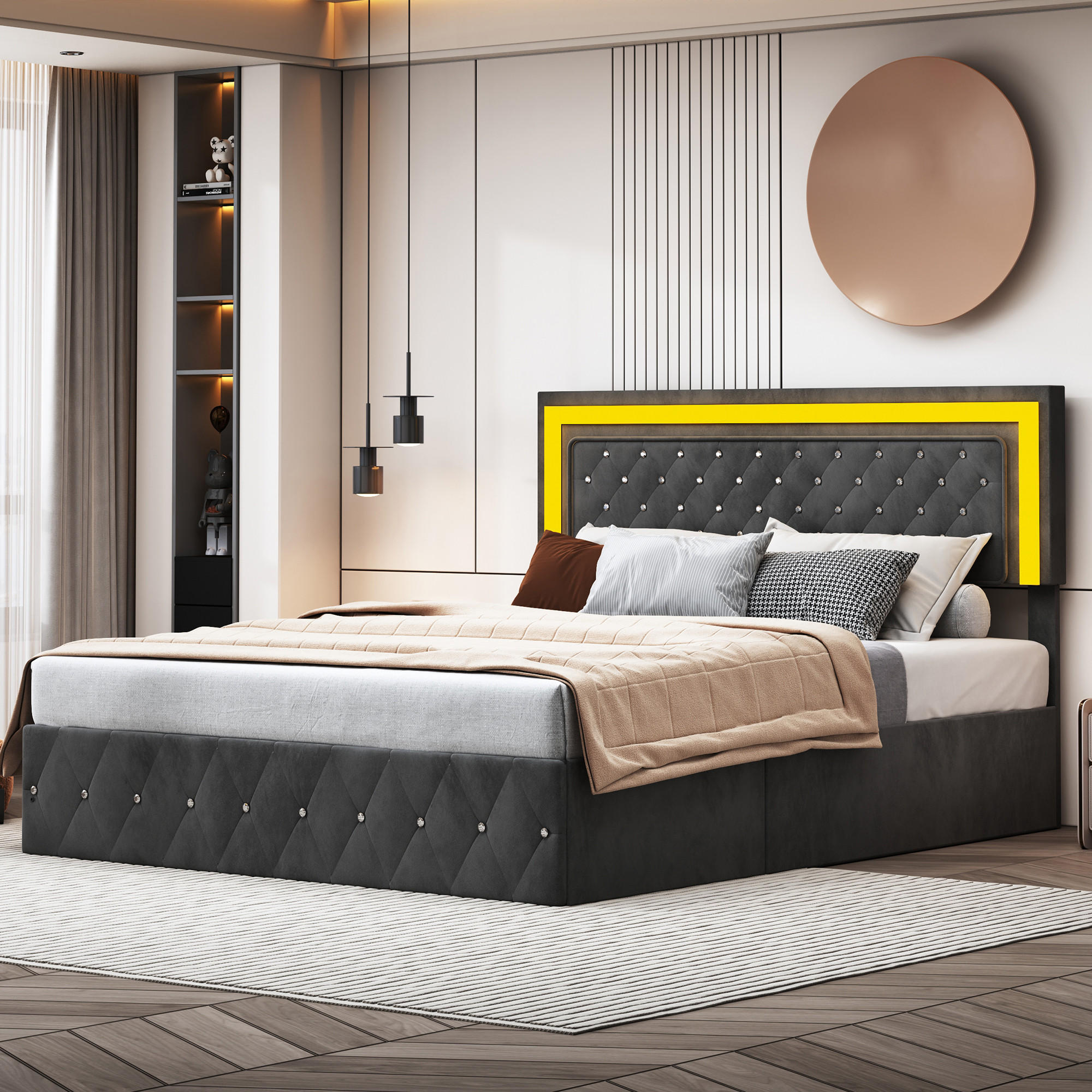 POLSTERBETT 180x200 cm, Schwarz, LED-Beleuchtung - Schwarz, Textil/Metall (180/200cm)