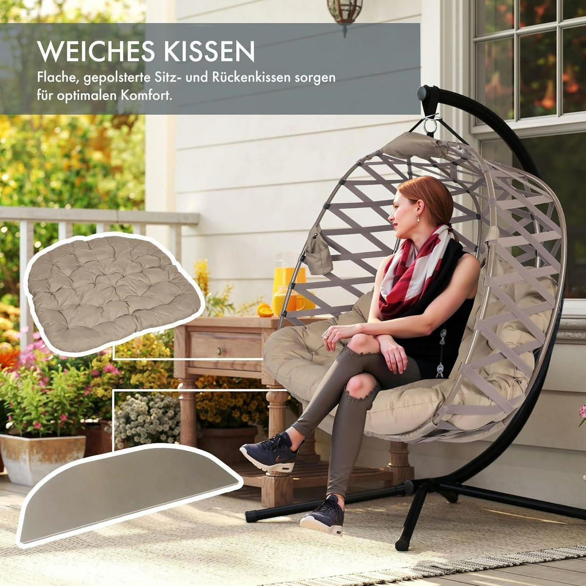 HÄNGESESSEL Doppel mit Gestell dick gepolstertem Kissen Sandbraun 139 x 103 cm - Sandfarben, Textil (139/172/103cm)