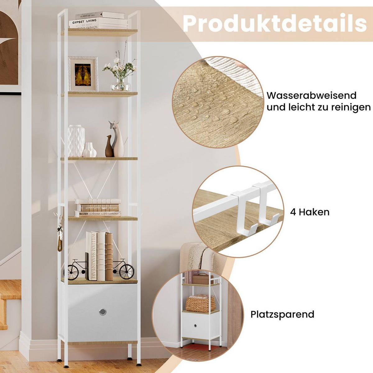 REGAL mit 5 Ablagen, 1 Schubladen, Helle Eiche+Weiß - Eichefarben/Weiß, Holzwerkstoff/Textil (40/187/30cm) - Woltu