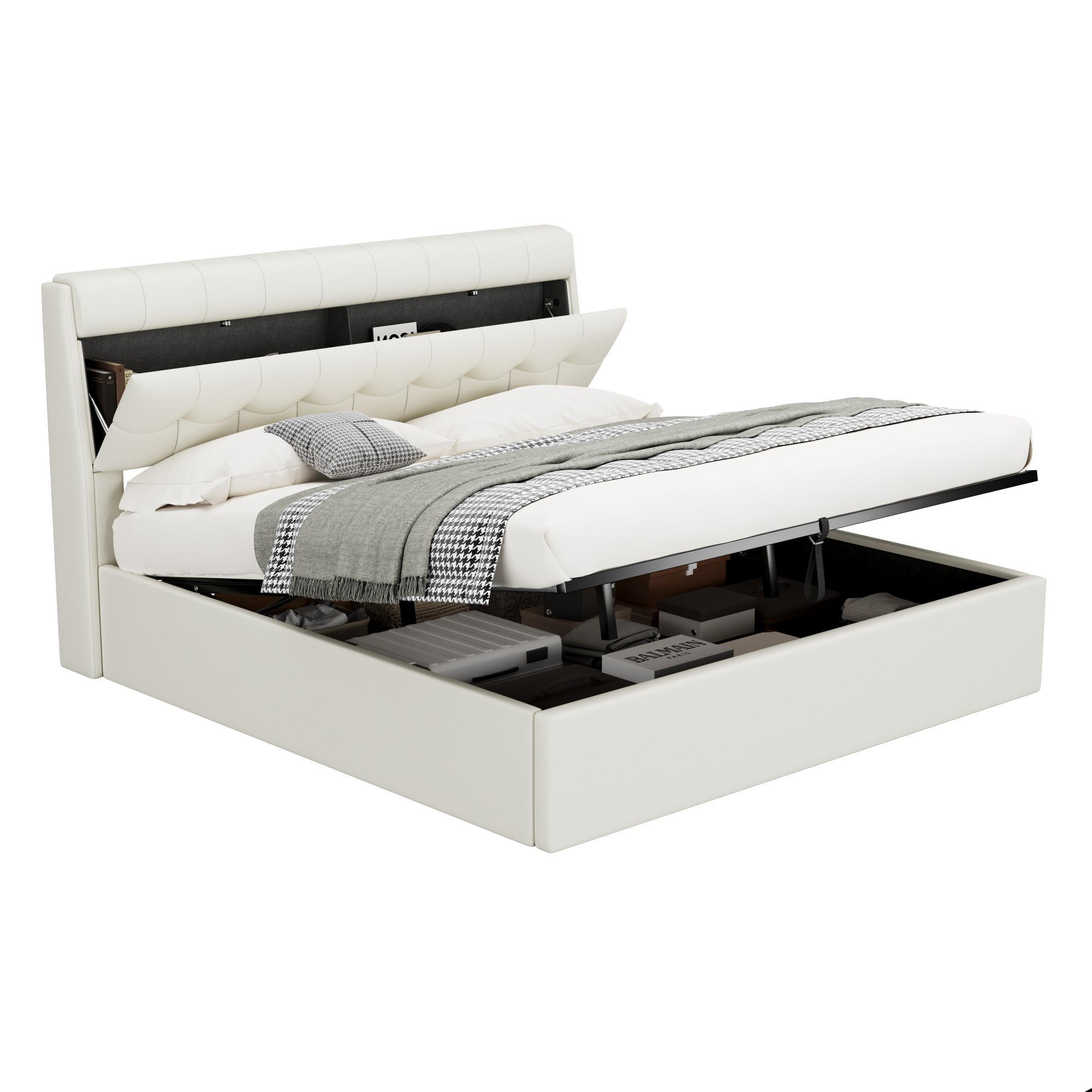 POLSTERBETT 180x200cm Weiß PU Mit Hydraulik & Verdecktem Stauraum - Weiß, Leder (180/200cm) - FLIEKS
