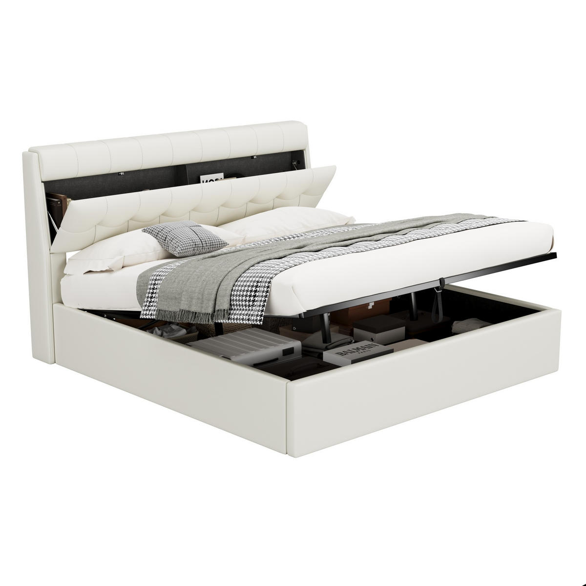 POLSTERBETT 180x200cm Weiß PU Mit Hydraulik & Verdecktem Stauraum - Weiß, Leder (180/200cm) - FLIEKS