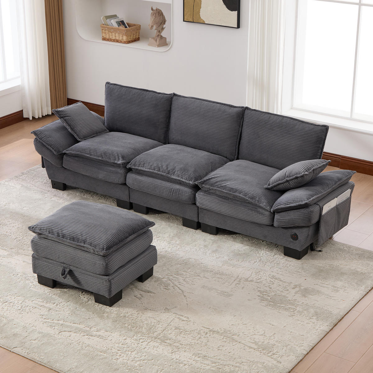 ECKSOFA 260/132/84 cm Dunkelgrau Cord mit 1 Fußhocker, USB-C-Anschluss und Seitentaschen - Dunkelgrau, Textil (260/132cm) - Oxeza