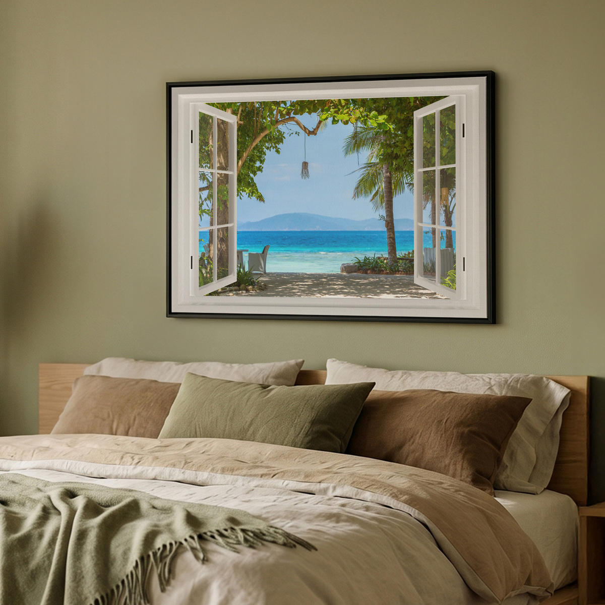 LEINWAND Bilder mit Rahmen - Aussicht - Baum - Meer - Palme - Hügel - Strand - Blau - 100x70 - Blau, Textil (100/70cm) - MuchoWow