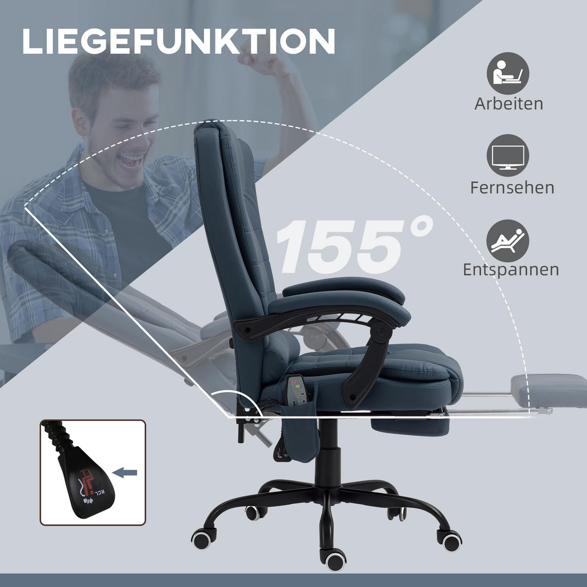 BÜROSTUHL mit 7 Punkt Massage, ergonomischer Chefsessel mit Liegefunktion - Blau/Schwarz, Kunststoff/Metall (67/121/67cm) - Vinsetto
