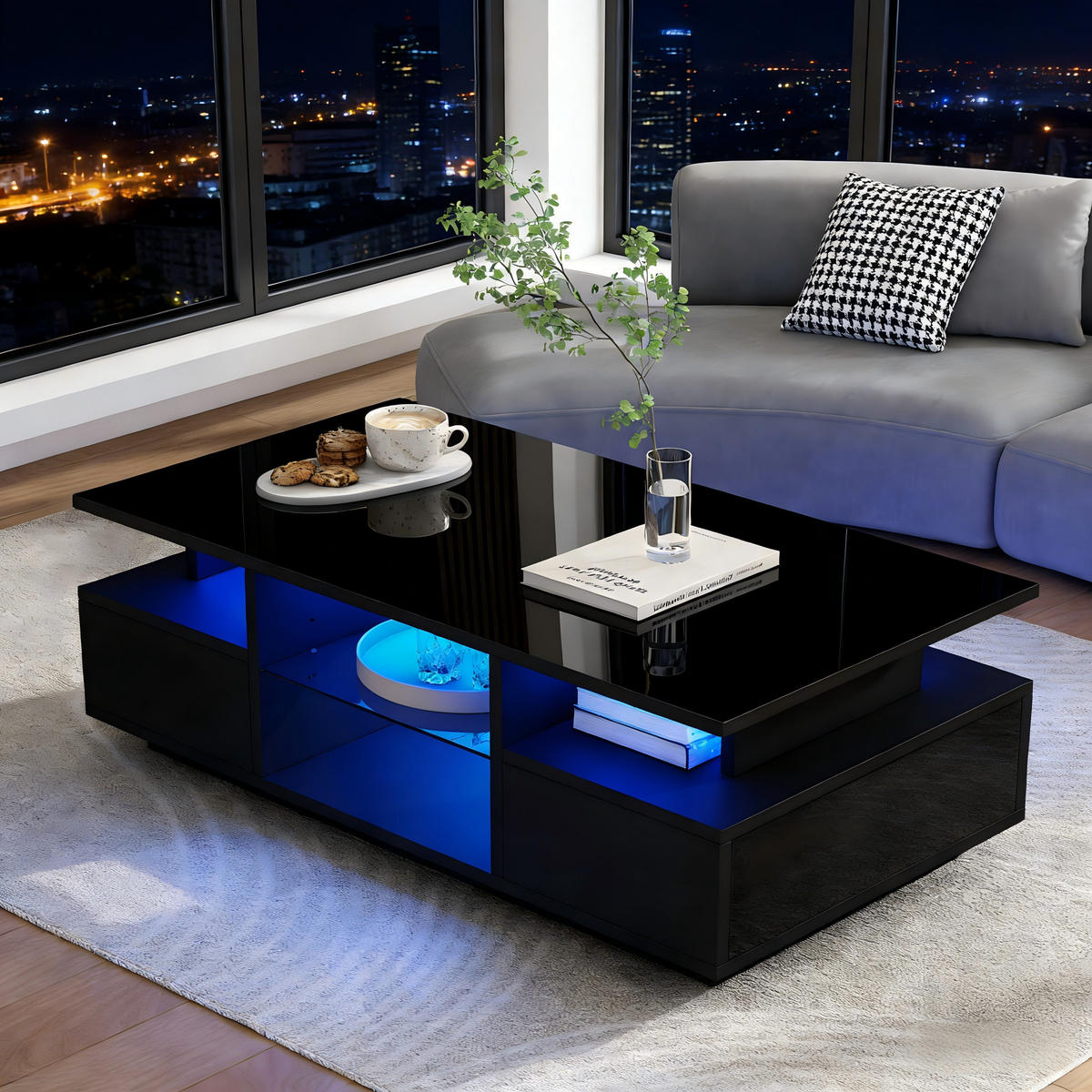 COUCHTISCH 100/50/36 cm Schwarz aus Spanplatte mit LED-Beleuchtung und 2 Schubladen - Schwarz, Holzwerkstoff (100/50/36cm) - OKWISH