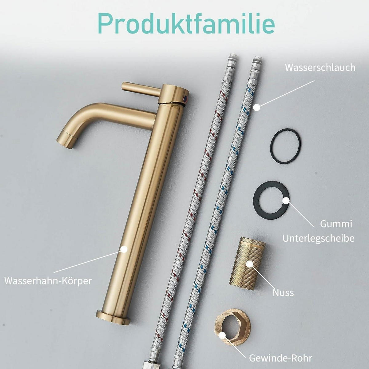 WASCHTISCHARMATUR mit hohem Auslauf Messing Gold Einhebelmischer - Goldfarben, Metall (9.6/21/30.7cm)