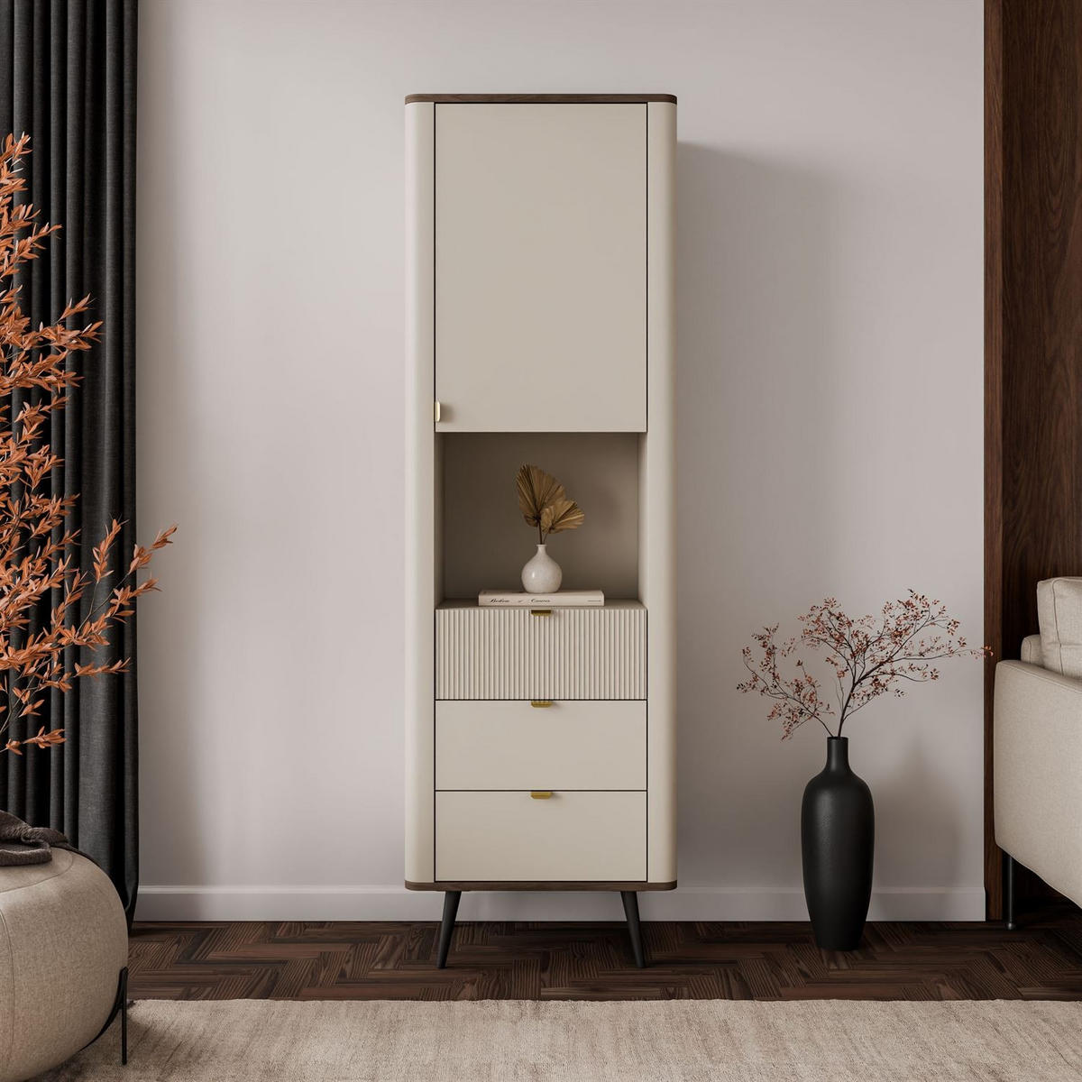 REGAL schmal AUTUMN 1D3S mit Schubladen, Kaschmir / Nussbaum - Beige, Holzwerkstoff (60/191/40cm) - Lookway