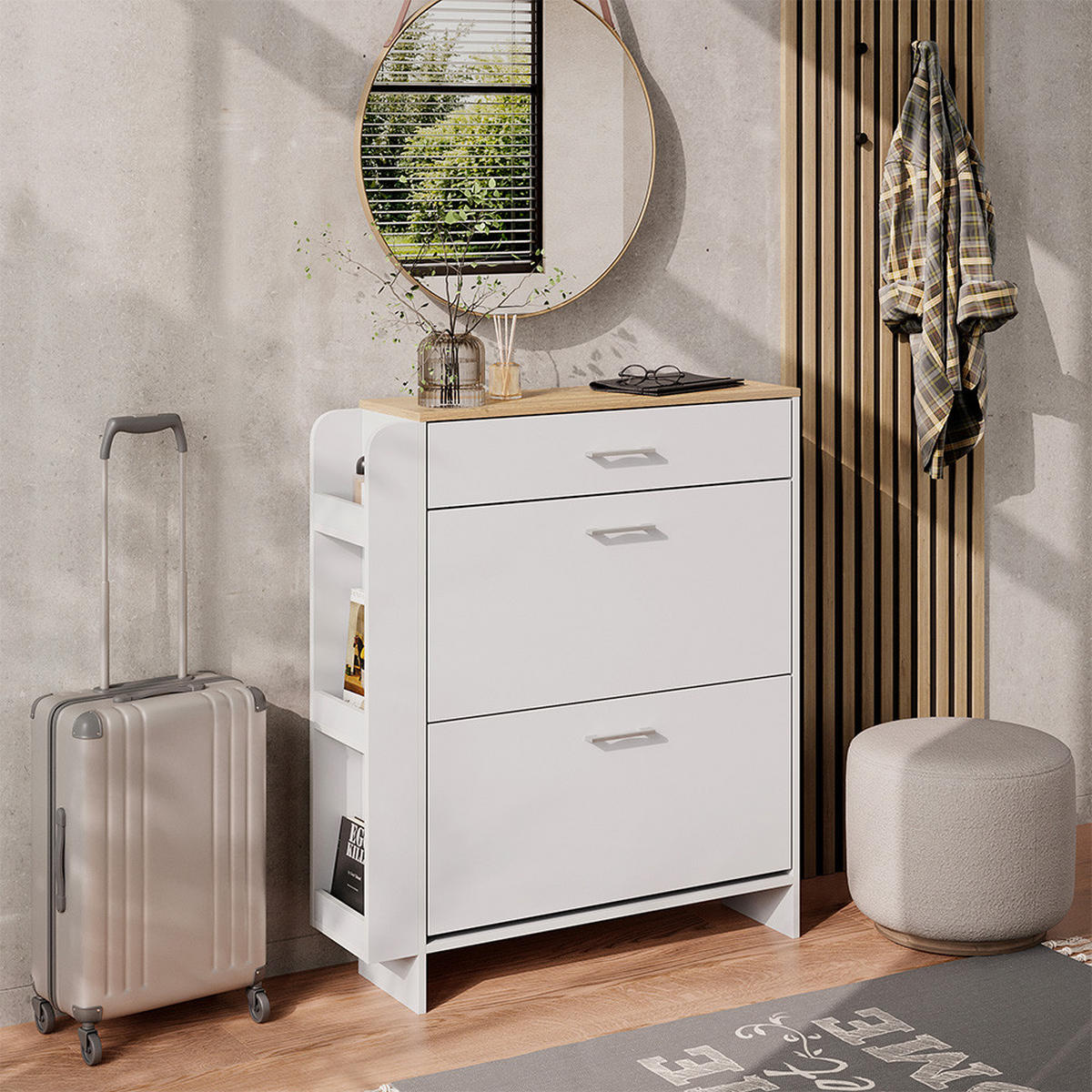 SCHUHSCHRANK Movino Weiß/Eiche 88.4 x 101.6 cm mit offenen und geschlossenen Fächern - Eichefarben/Weiß, Holzwerkstoff (88.4/101.6/23.6cm) - Vicco