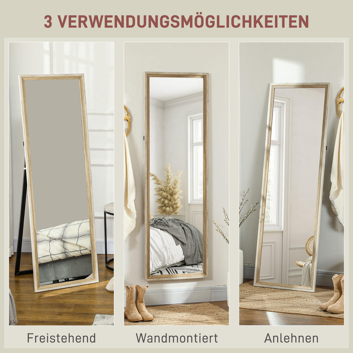 GANZKÖRPERSPIEGEL, 162,6 x 53,5 cm Standspiegel mit Ständer Weiß+Naturholz - Weiß/Naturfarben, Glas (53.3/162.6/2.5cm) - HOMCOM