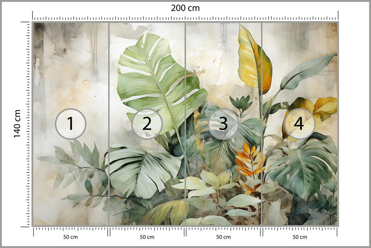 FOTOTAPETE für Wohnzimmer Tropische Blätter Aquarell Abstrakt 200x140 - Gelb/Beige, Papier (200/140cm) - Muralo