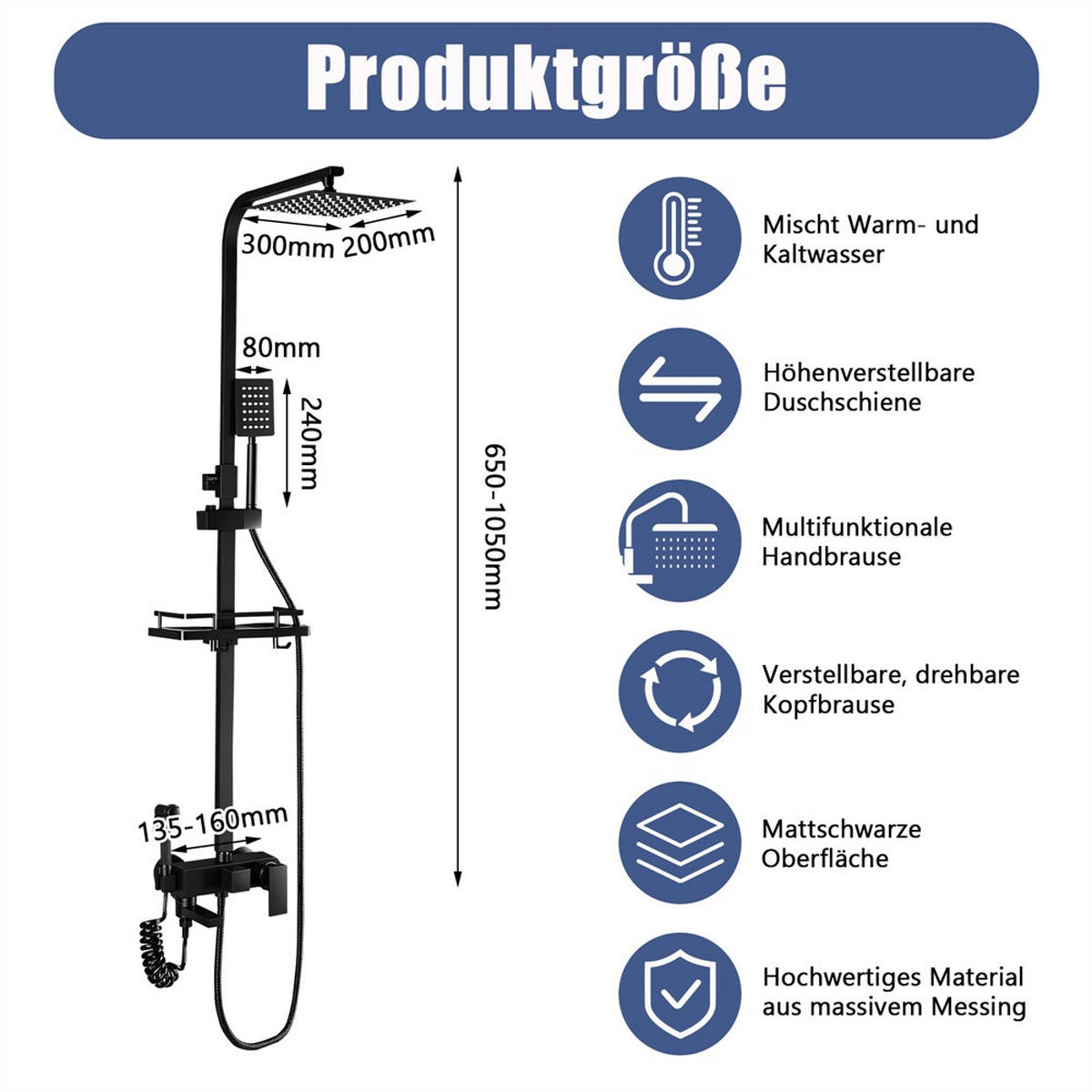 DUSCHSET mit Thermostat-Effekt - Duschsystem 4-in-1 mit Regendusche und Bidet-Sprühpistole - mit Handbrause - Schwarz - Schwarz, Metall (20/105/16cm) - DELFA
