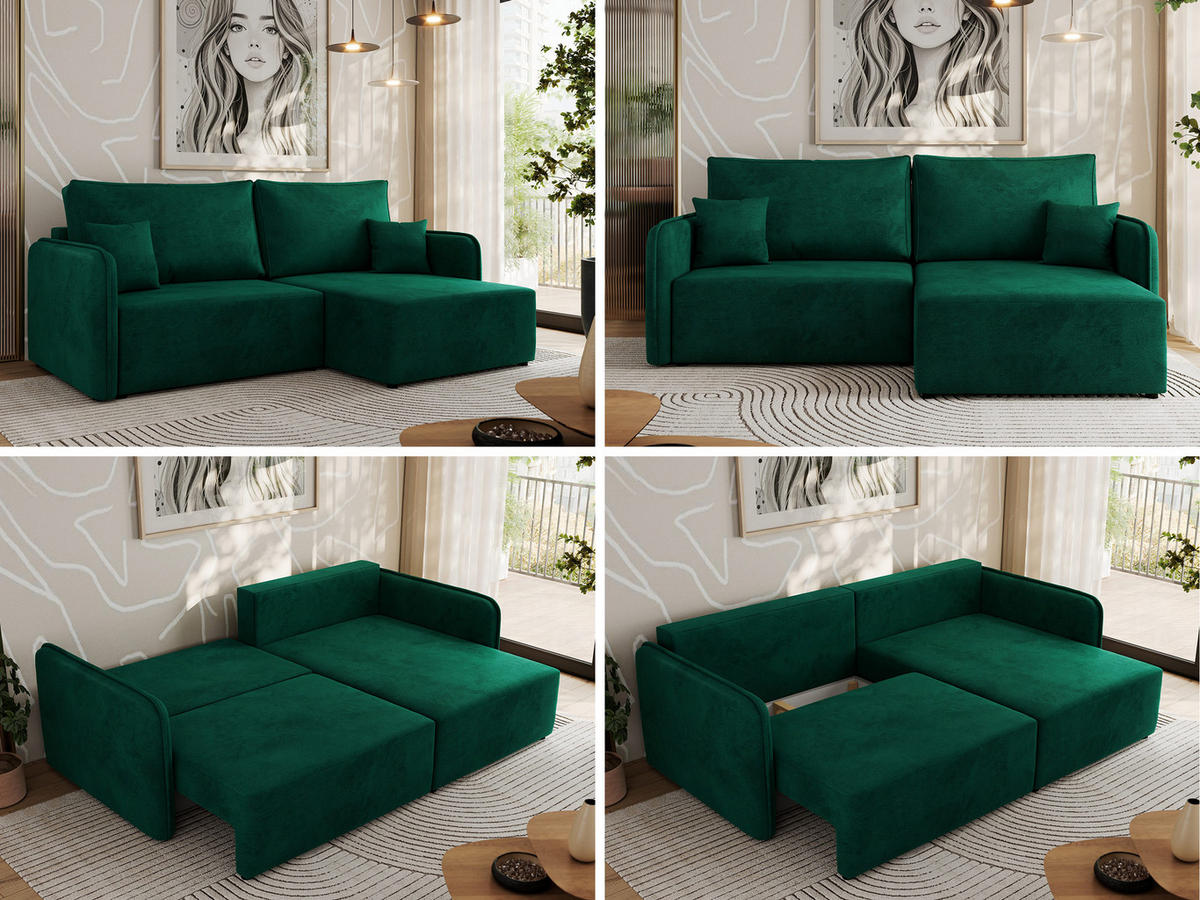 ECKSCHLAFSOFA MESTO L Dunkelgrün Velvet - rechts - Dunkelgrün/Schwarz, Kunststoff/Textil (147/227cm) - MKS