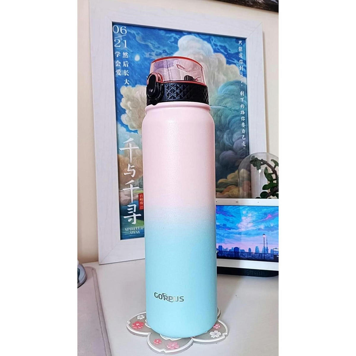 TRINKFLASCHE mit Strohhalm 1000 ml Edelstahl Auslaufsicher Rosa Blau - Rosa, Metall (8/8cm)
