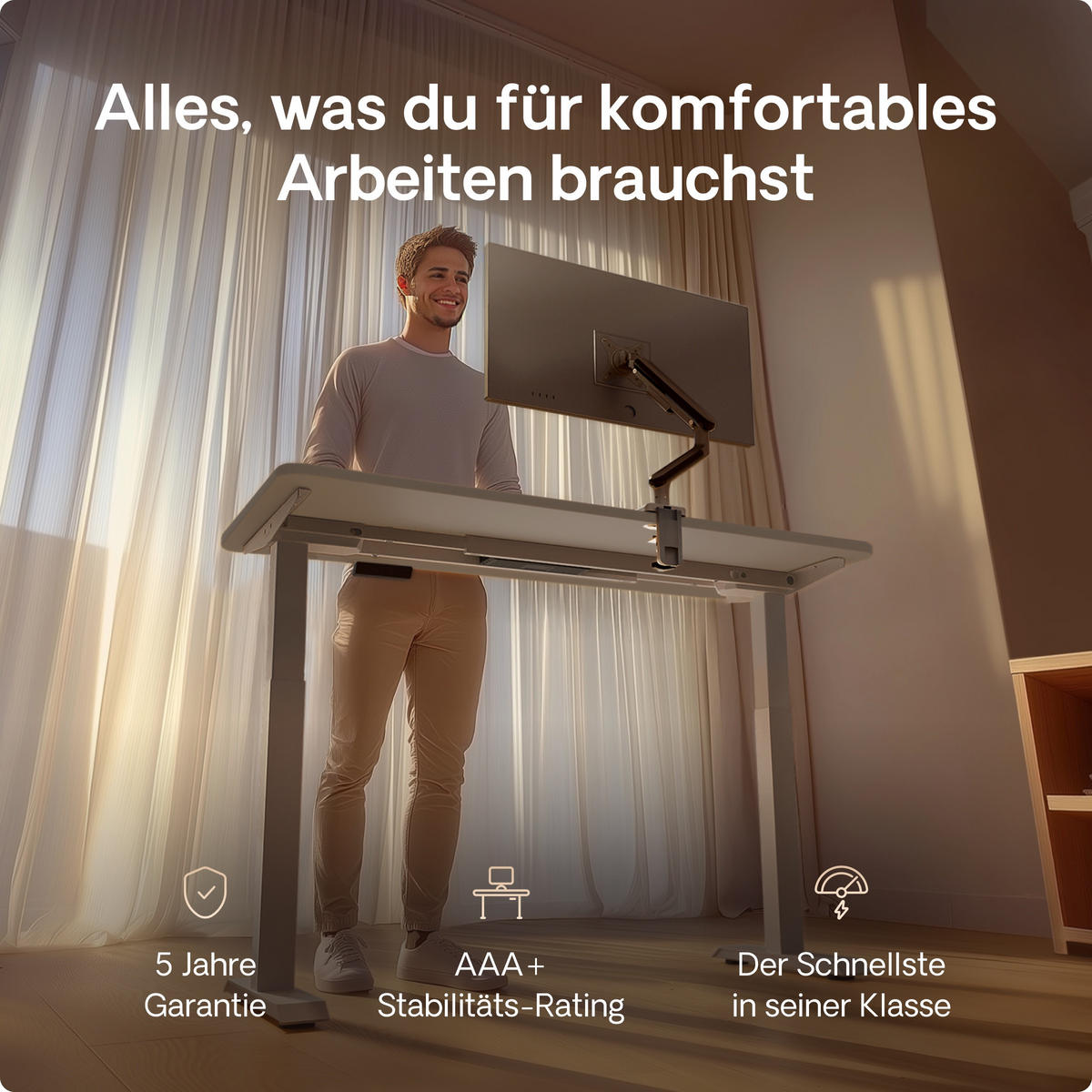 SCHREIBTISCH Elektrisch Höhenverstellbarer HomeOne 120x60cm Grau/Grau mit Memory-Funktion, Anti-Kollisions Technologie - Grau, Holzwerkstoff (60/120/72cm) - Desktronic