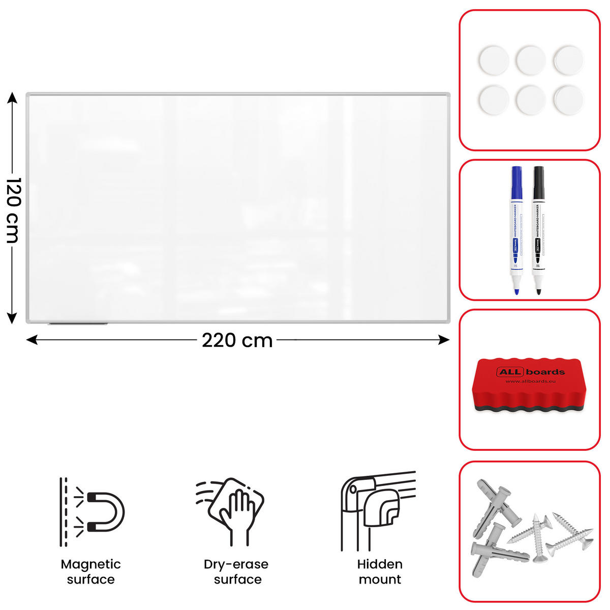 WHITEBOARD - PREMIUM EXPO Alurahmen 220x120cm - Weiß, Metall (220/120/1.6cm) - ALLboards