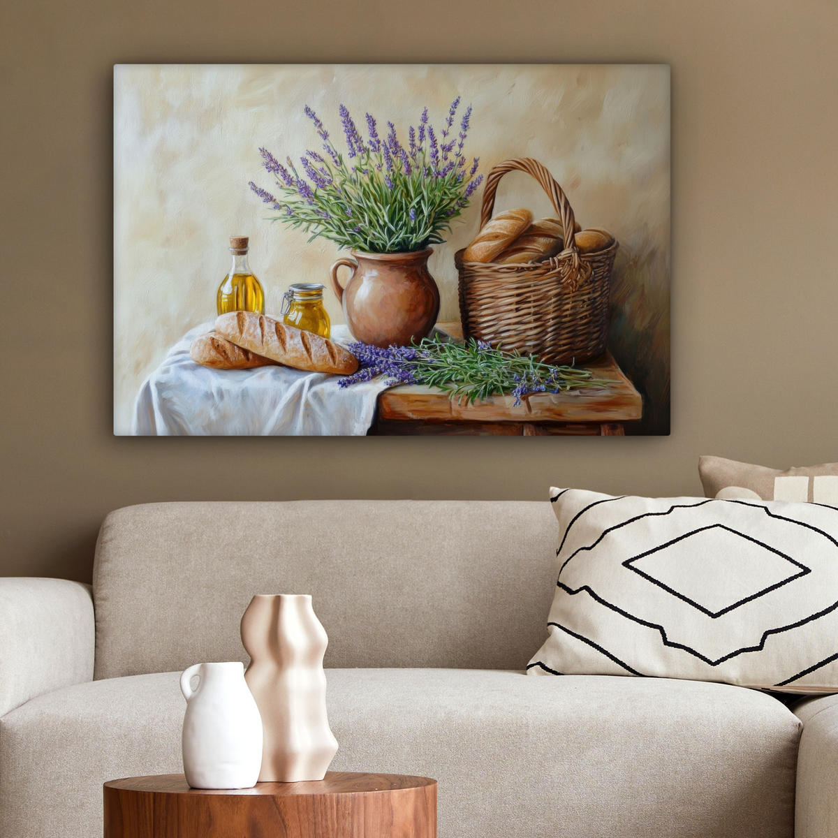 LEINWANDBILD Lavendel - Brot - Stilleben Wanddeko 90x60 cm - Flieder, Textil (90/60cm) - MuchoWow