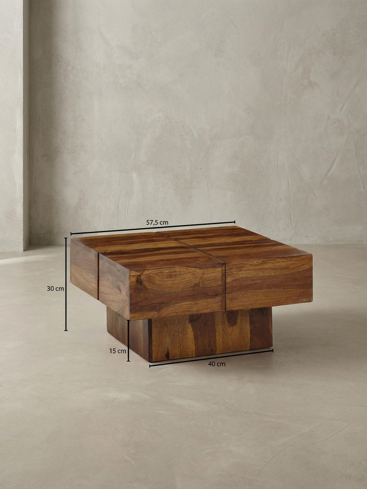 COUCHTISCH Quadrat in Sheesham Massivholz, Modernes Rillenmuster, Maße 57,5x57,5x30 cm - Braun, Holz (58/58/30cm) - KADIMA DESIGN