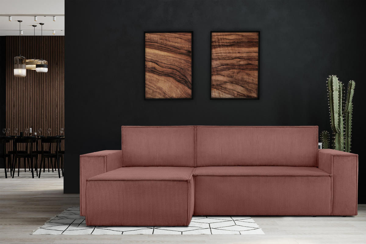 ECKSOFA-LINKS/RECHTS NAPI Schlaffunktion mit Cordbezug, Rosa - Pink/Schwarz, Textil (262/148cm) - KONSIMO®