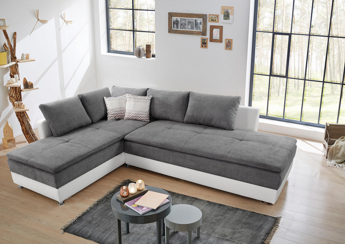 ECKSOFA-DAUERSCHLÄFER Doppelbett Boxspring Federkern Topper, Schwenkteil rechts B306/T223/H95 cm , Kunstleder Weiß+Mikrofaser Hellgrau / 15104 - Chromfarben/Hellgrau, Textil/Metall (306/223cm) - luma-home