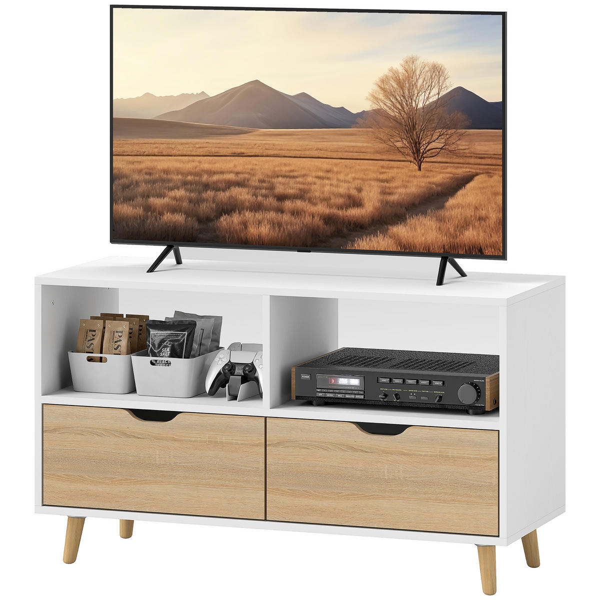 TV-SCHRANK DE-10639 mit 2 Schubladen & offenen Regalen Weiß - Weiß, Holzwerkstoff (39/58.3/99cm) - ComfortXL