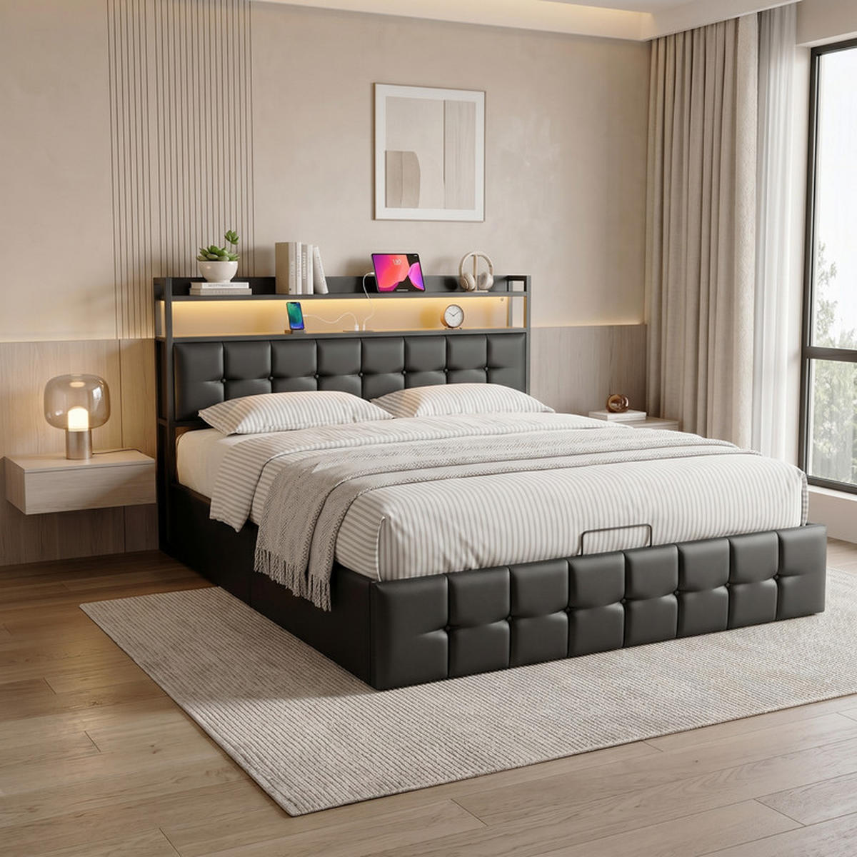 POLSTERBETT 140/190 cm schwarz mit Stauraum, LED und USB - Schwarz, Holz