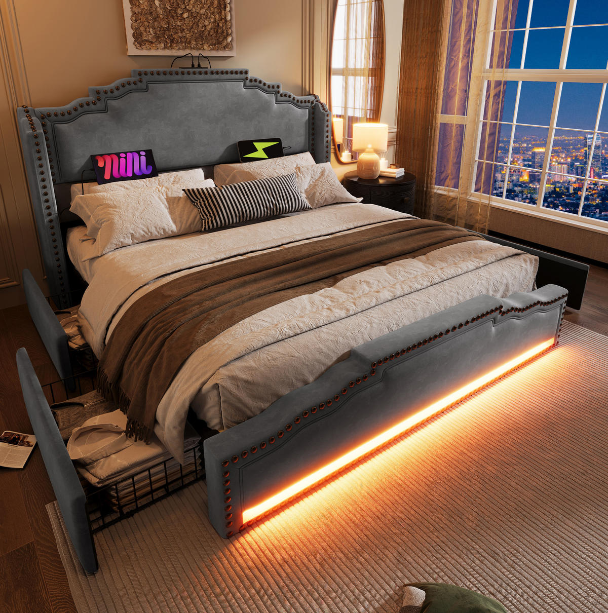 SAMT-POLSTERBETT 140/200 cm mit LED, 4 Schubladen und gepolstertem Kopfteil - Grau, Textil (140/200cm) - BEAOK