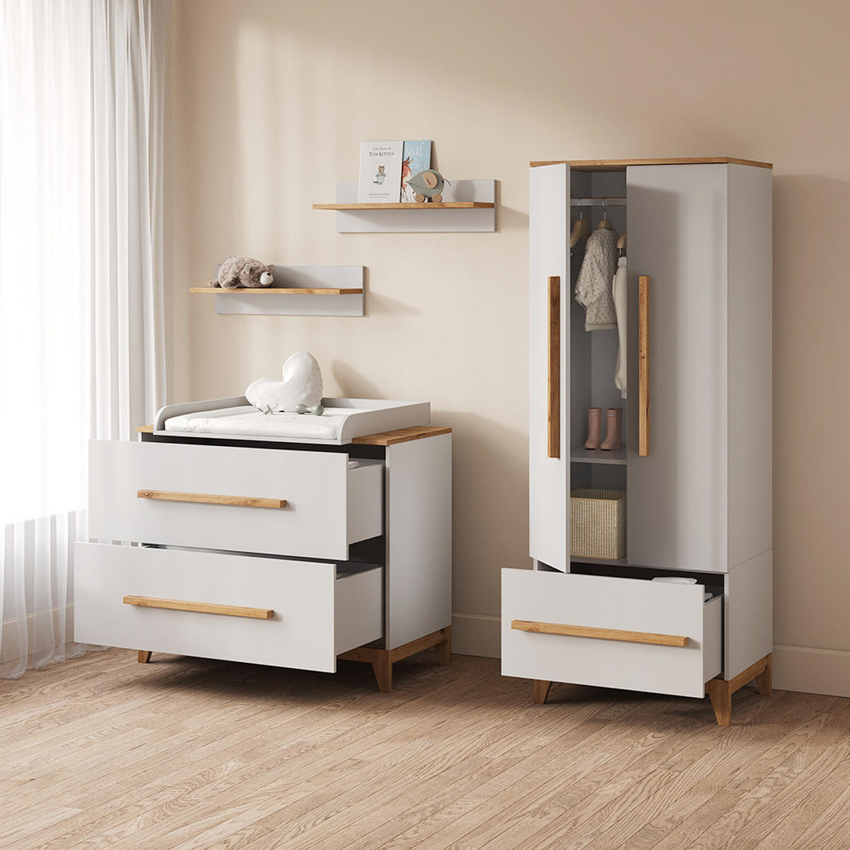 KINDERKLEIDERSCHRANK Mailo Weiß/Artisan 70 x 186.8 cm mit 4 Schubladen - Weiß/Eiche Artisan, Holzwerkstoff (70/186.8/53.4cm) - Livinity®