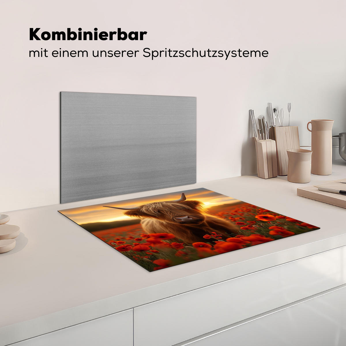 HERDABDECKPLATTE Schottische Highlander - Rosen - Blumenfeld - Sonnenuntergang Herdabdeckung Induktionsfeld 65x52 cm - Rotbraun, Kunststoff (65/52/0.2cm) - MuchoWow
