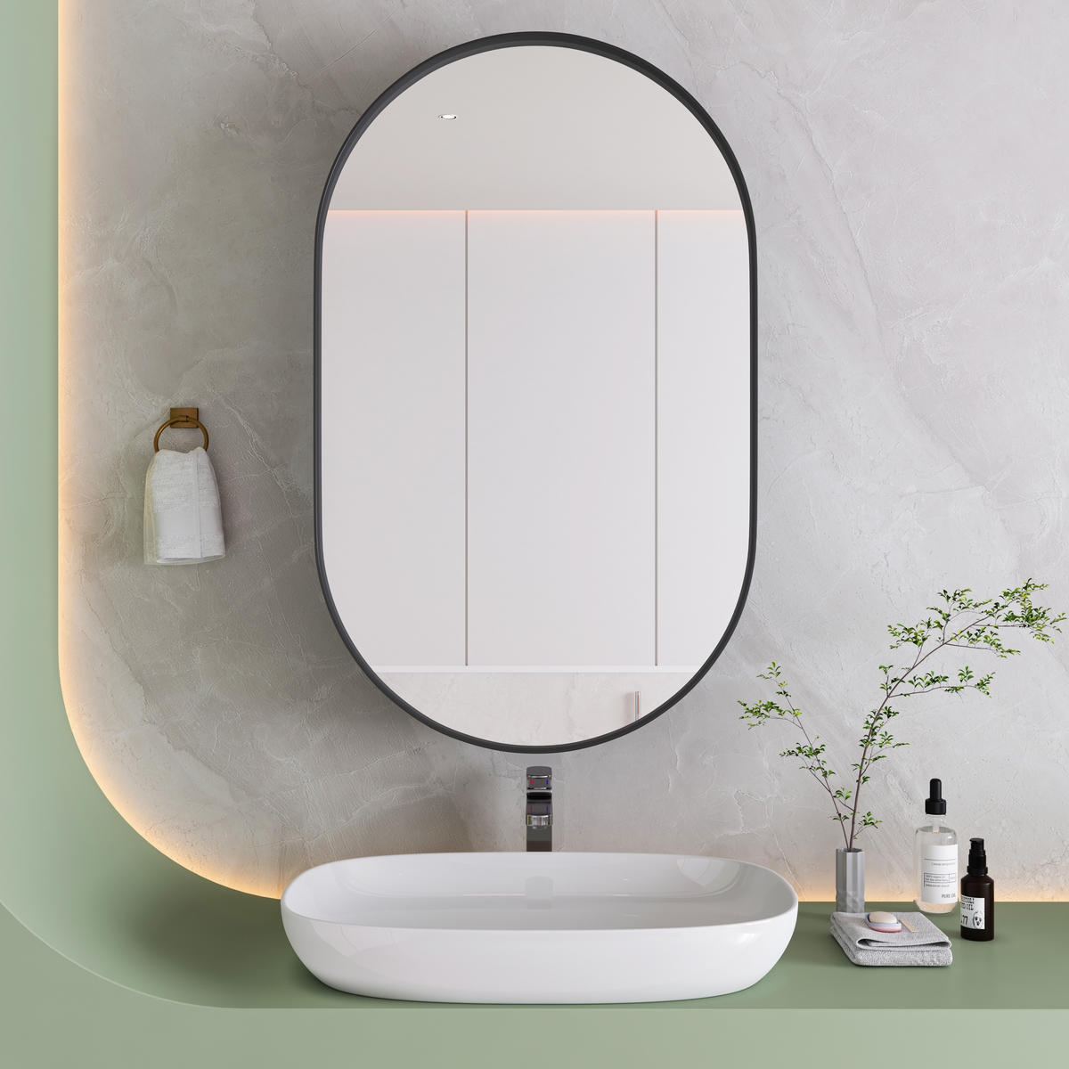 SPIEGELSCHRANK oval mit schwarzem Metallrahmen – Wandschrank mit Spiegel & verstellbaren Ablagen, für Bad, Wohn- & Schlafzimmer - Schwarz, Metall (51.5/12/85cm) - Ej. Life