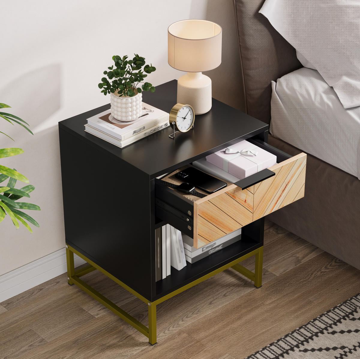 NACHTTISCH aus MDF 43x40x55 cm Schwarz/Natur mit Schublade und offenem Fach im Mid-Century-Stil - Schwarz, Holzwerkstoff (43/55/40cm) - Modfu