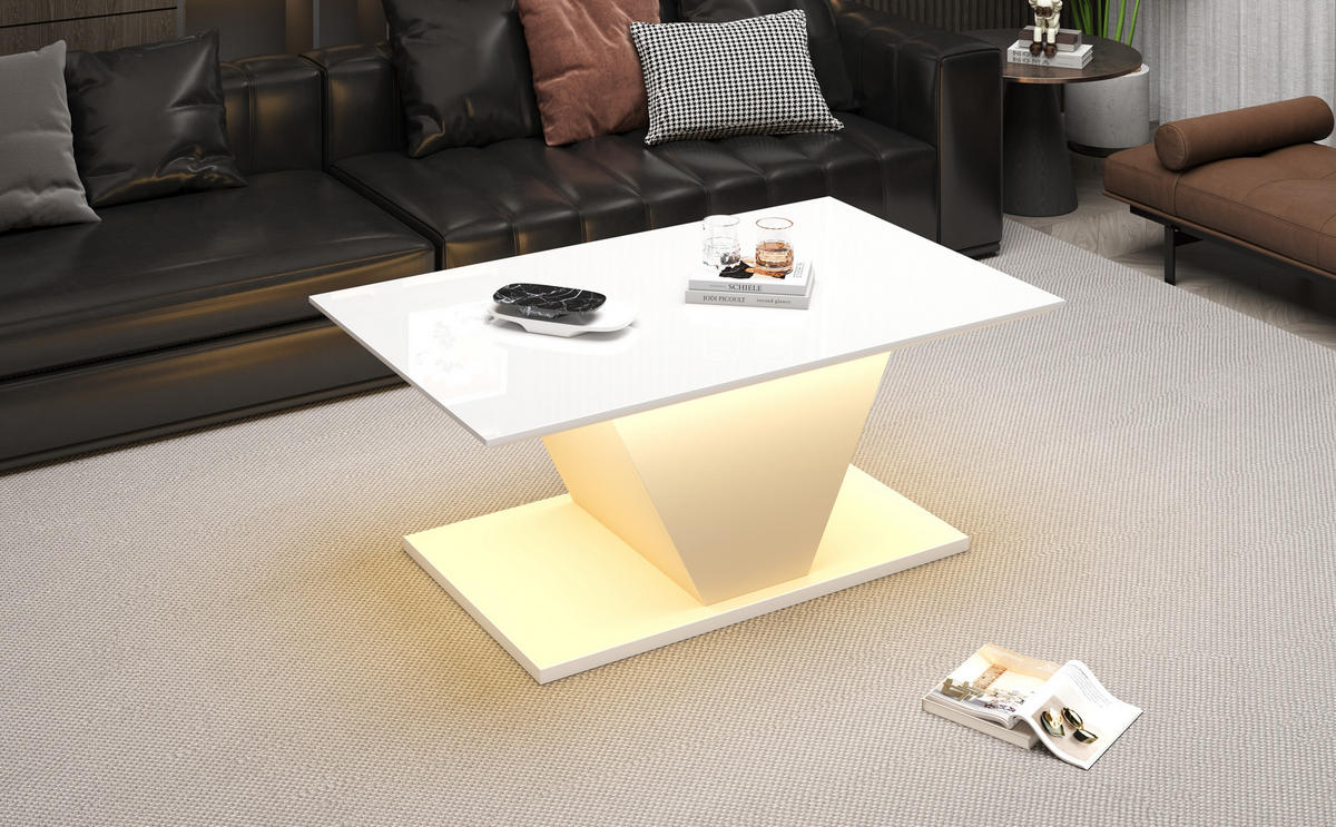 COUCHTISCH, V‑Form, weiß mit Hochglanz-Tischplatte und steuerbarer LED-Beleuchtung, 100/50/46 cm,weiß - Weiß, Holzwerkstoff (100/50/46cm) - Redom