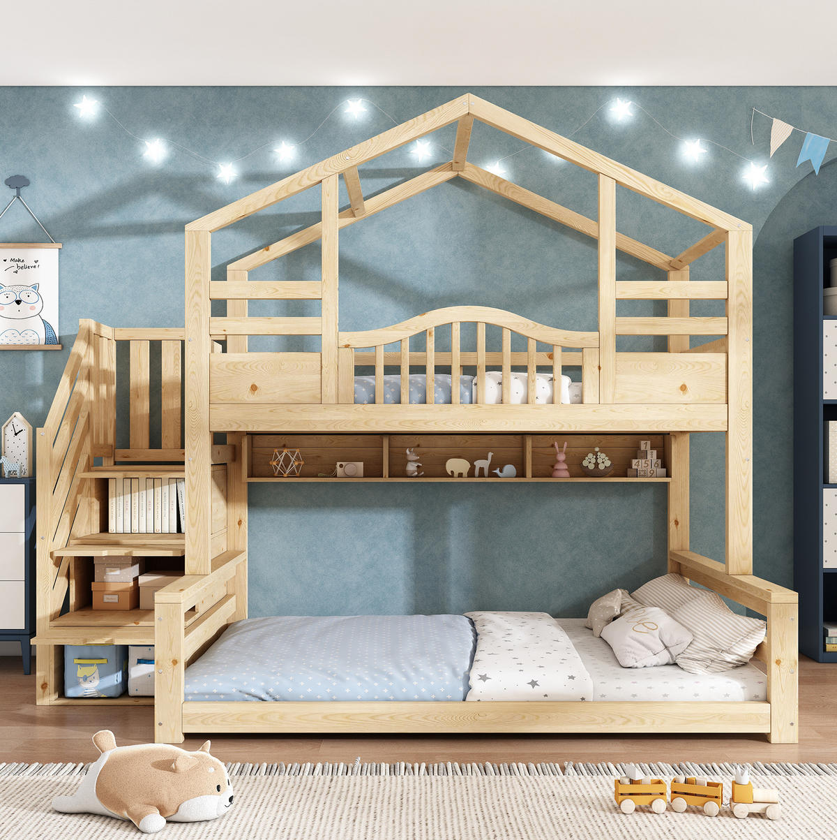 ETAGENBETT 90/140x200 cm Natur aus Kiefernholz mit Treppenschrank, Stauraum und Regalen - Beige, Holz (140/200cm) - Modfu