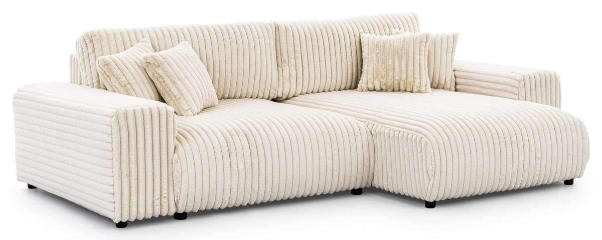 ECKSOFA Mollis Hellbeige Plüschcord - Ottomane Rechts - Beige/Schwarz, Holz/Kunststoff (255/168cm) - S-Style Möbel