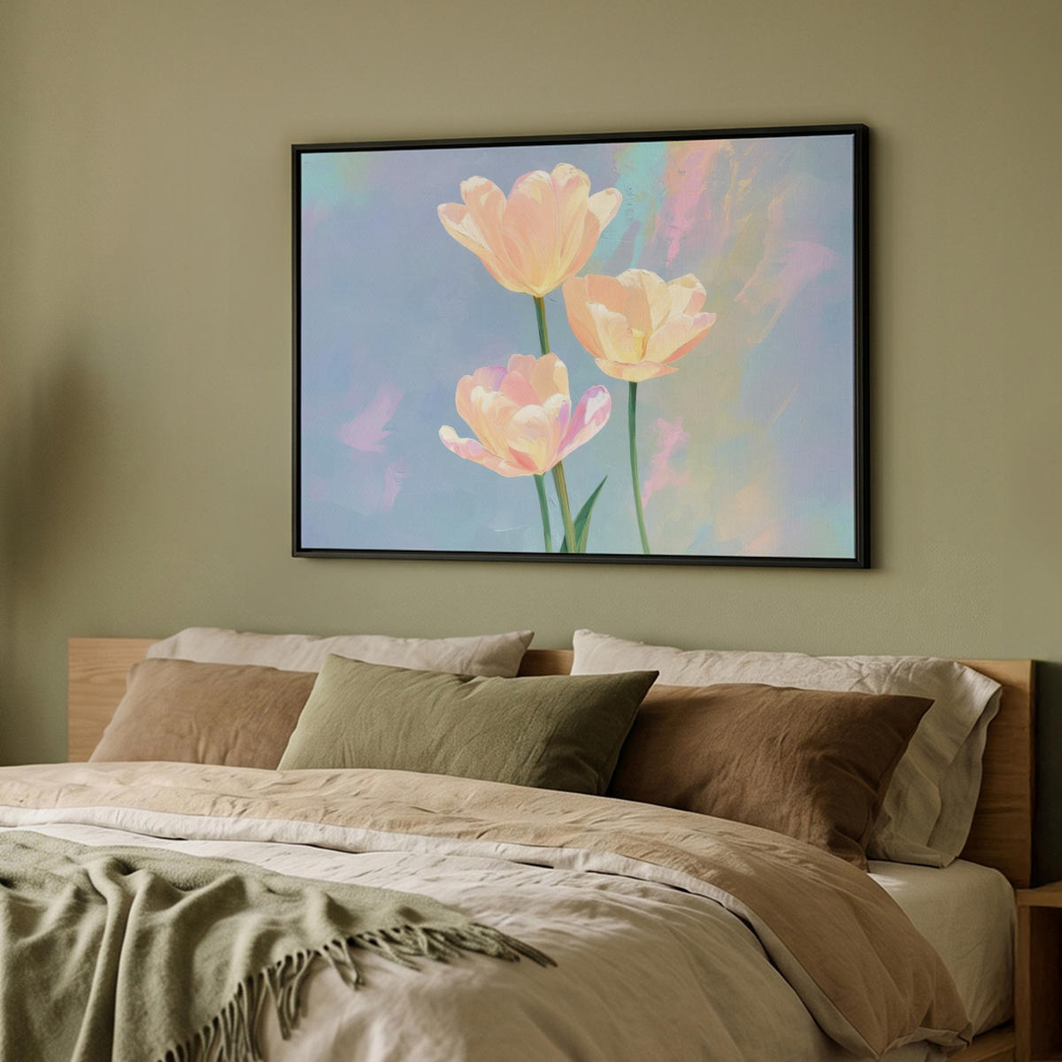 LEINWAND Bilder mit Rahmen - Tulpen - Rosa Akzente - Blau - 100x70 - Pastellblau, Textil (100/70cm) - MuchoWow