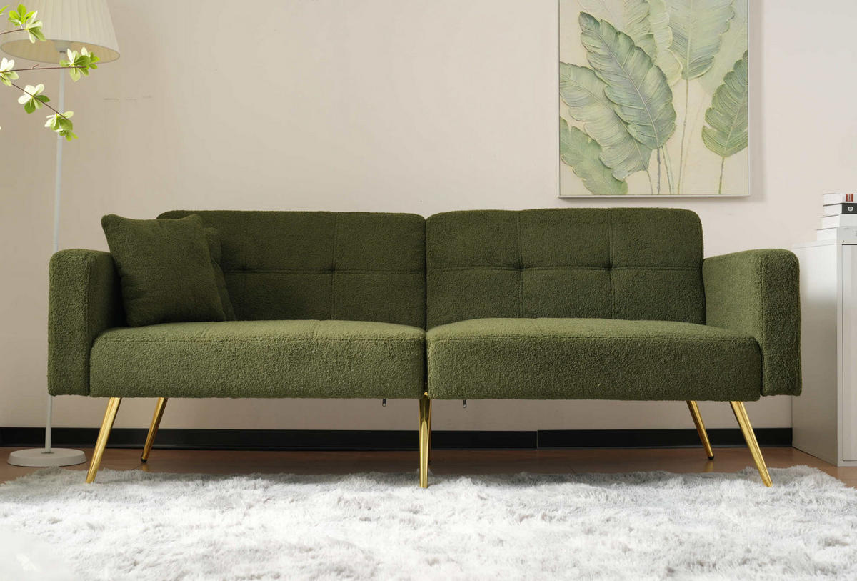 SCHLAFSOFA aus Lammwollstoff 175x64x72 cm Antikgrün mit verstellbarer Rückenlehne, Bettfunktion und Seitentaschen - Grün, Kunststoff (64/72/175cm) - Modfu