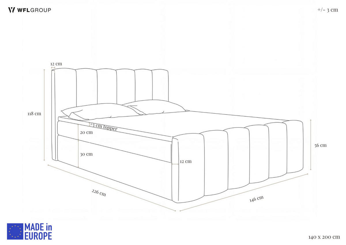 BOXSPRING POSTEĽ Serenity s Úložným Priestorom – Hnedá Bouclé – 140x200 cm – Taštičkový Matrac H4 a Penový Topper - hnedá/čierna, drevo/kompozitné drevo (140/200cm) - WFL GROUP