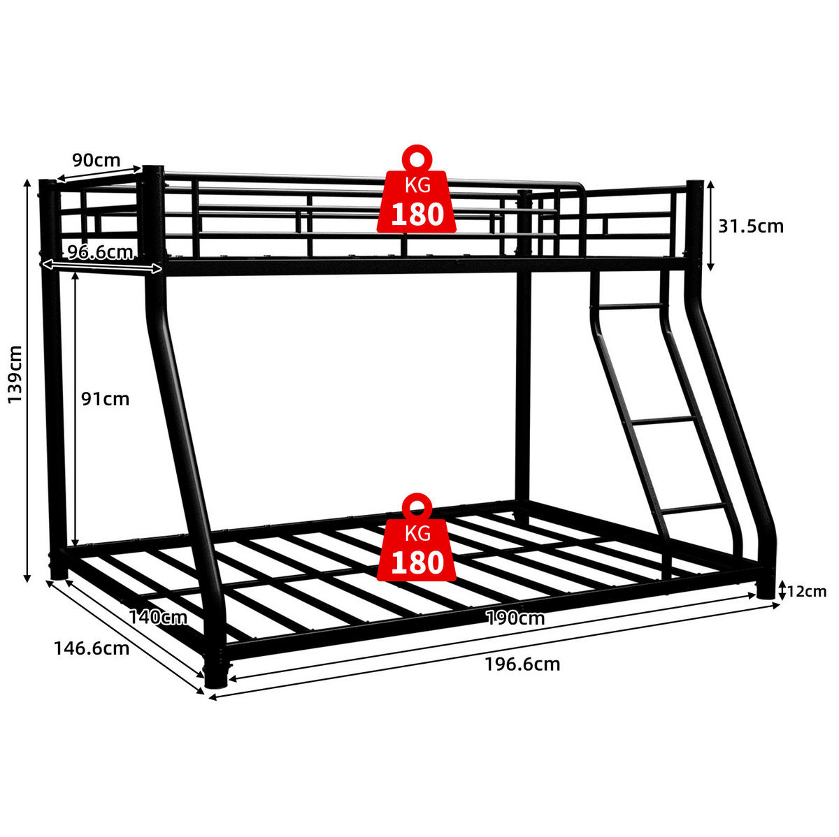 ETAGENBETT 140/180 cm schwarz aus Eisen mit Leiter - Schwarz, Metall (140/200cm) - OKWISH