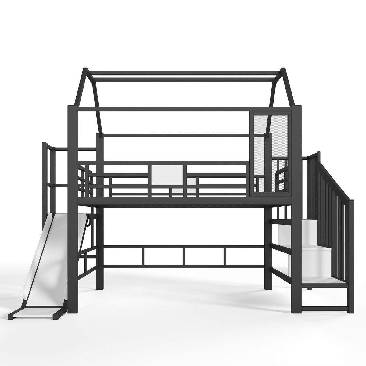KINDERHOCHBETT MDF & Metall 140x200 cm Schwarz mit Rutsche, Treppe, Stauraumfächern und LED-Beleuchtung - Schwarz, Holzwerkstoff (140/200cm) - Modfu