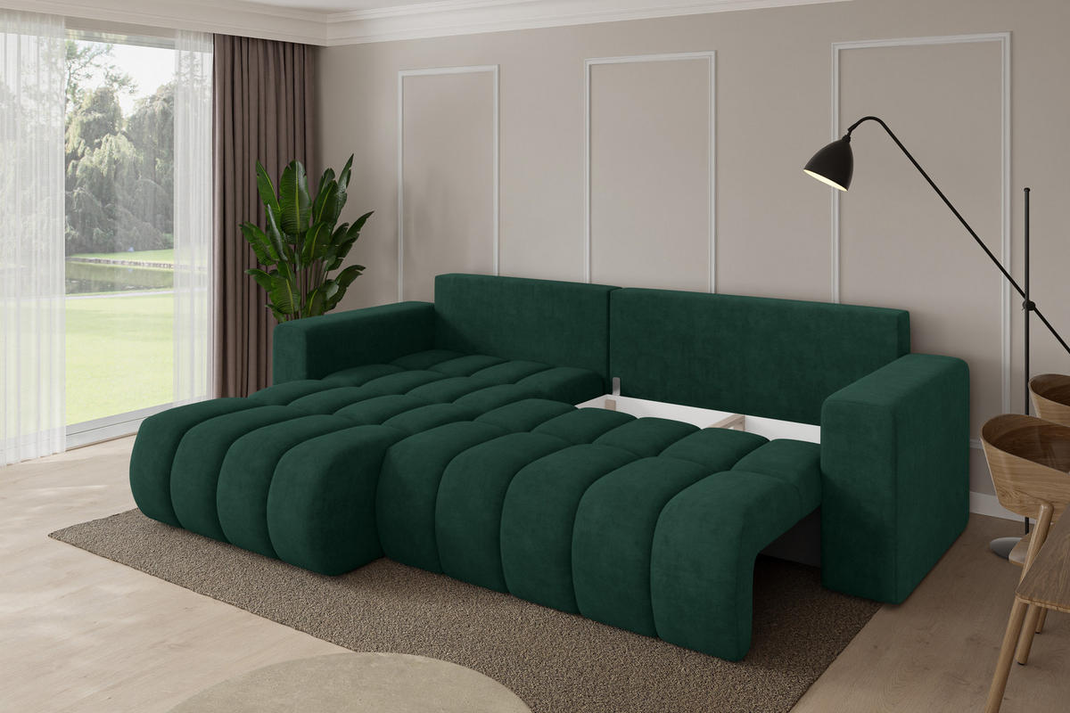ROHOVÁ SEDAČKA s funkcí spaní, otoman vlevo MILA-L-v1 277x195x86 zelená velur - černá/zelená barva, kompozitní dřevo/textil (277/194cm) - ALTDECOR