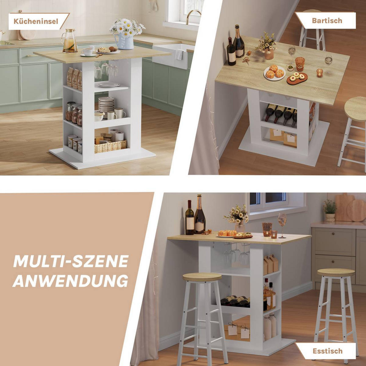 BARTISCH mit Stauraum, seitlichen Ablagen,Hell Eiche+Weiß - Eichefarben, Keramik/Holzwerkstoff (105/94/68cm) - Woltu