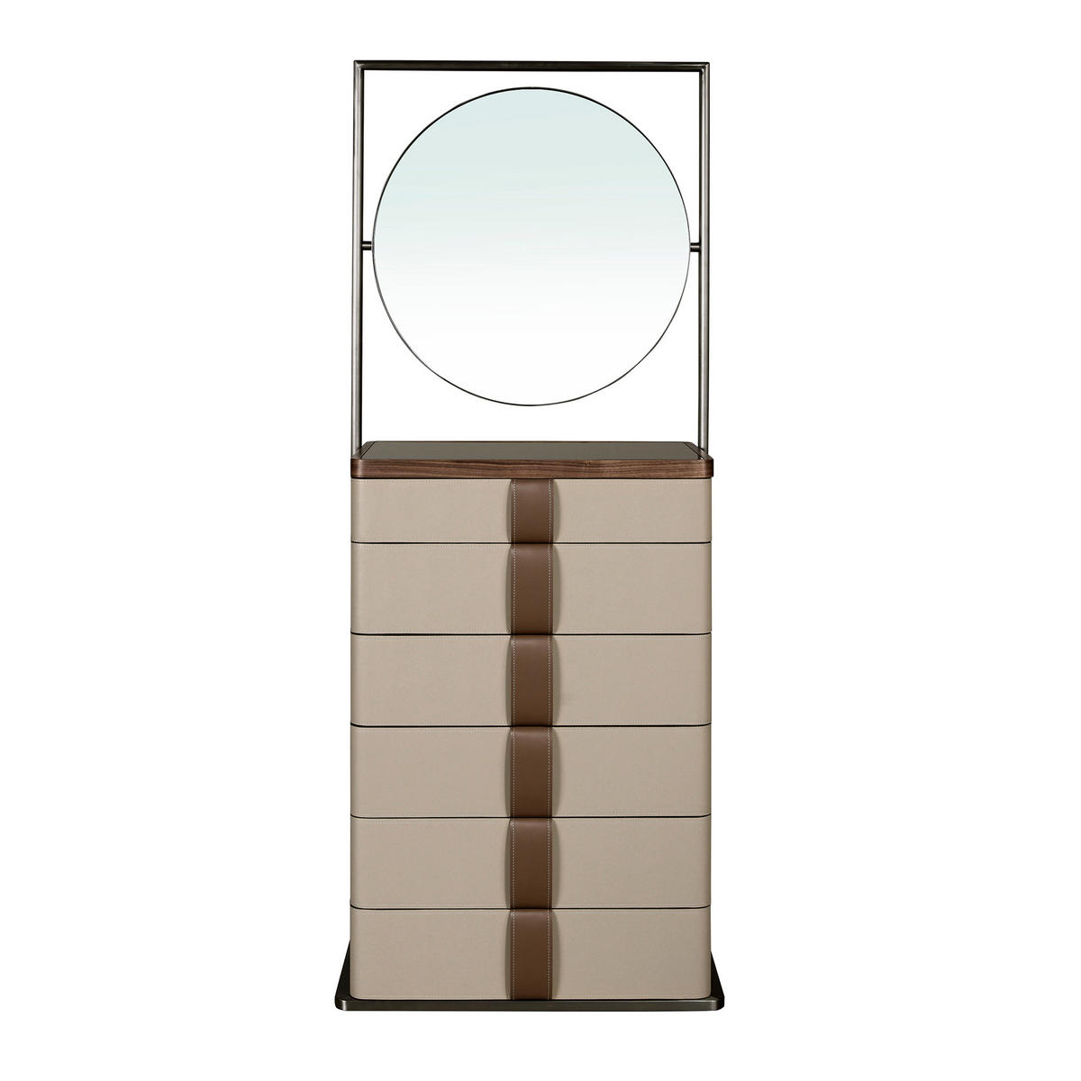 HIGHBOARD Chiffonier Leder, Nussbaum, grauer Stahl und braune Rauchglasplatte mit Spiegel 75/45/185 cm - Silberfarben/Multicolor, Leder/Glas (75/185/45cm) - ANGEL CERDA