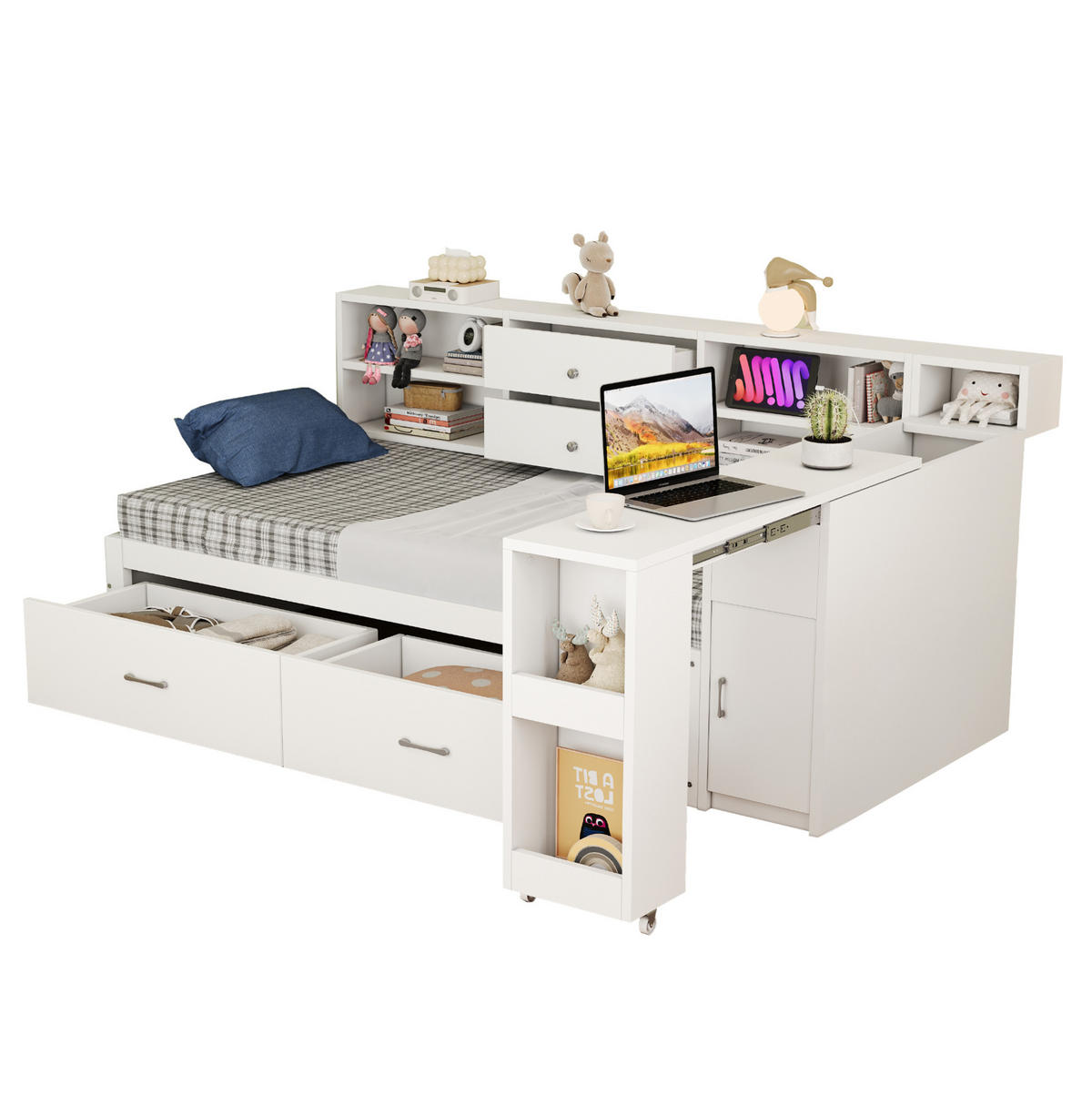 KREVET 90/200 cm s izvlačnim radnim stolom, skrivenim spremištem, 2 USB priključka i utičnicom, Bijela - bijela, drvni materijal (90/200cm) - Redom