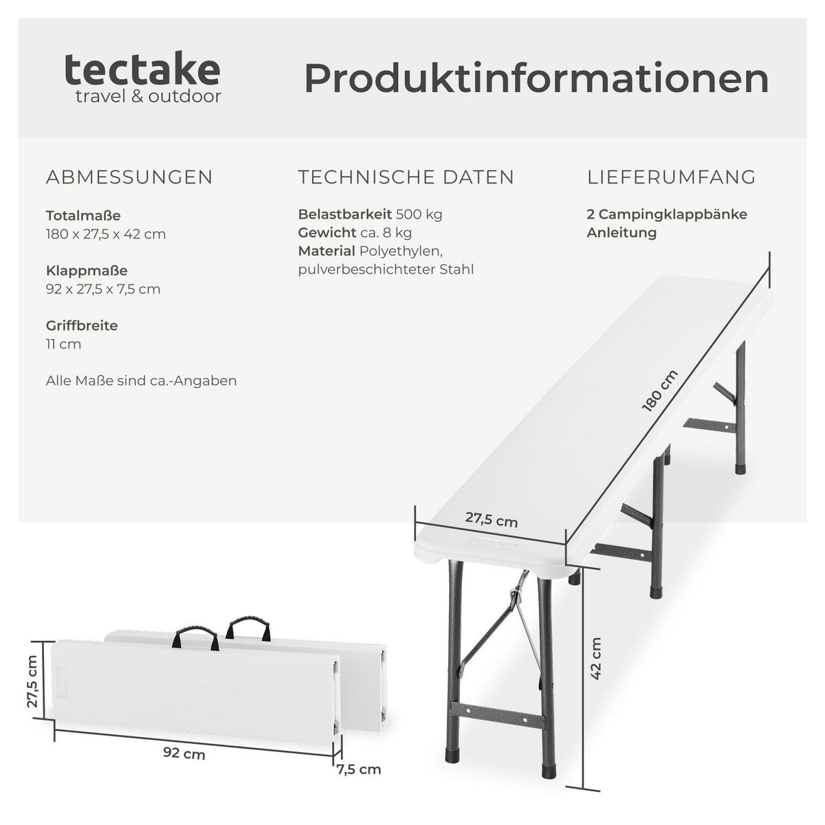 CAMPINGKLAPPBANK 2er Set Panja, gummierte Tragegriffe, weiß - Weiß, Kunststoff (180/42/27.5cm) - tectake