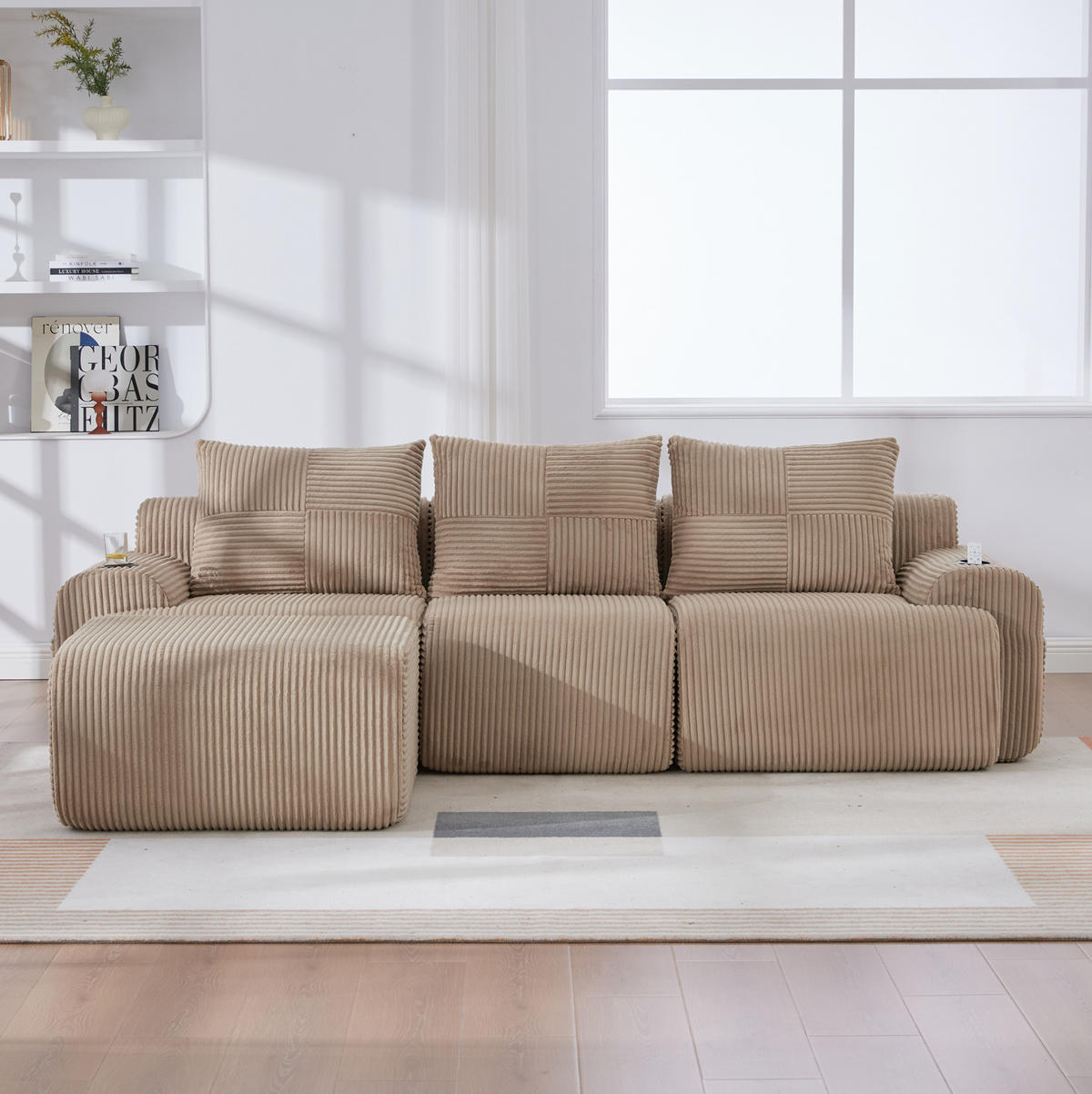 MODULARES 3-Sitzer Sofa Cordstoff mit Hocker Getränkehalter und Seitentasche 268/174/80 cm Sandfarben - Sandfarben, Textil (174/268cm) - Redom