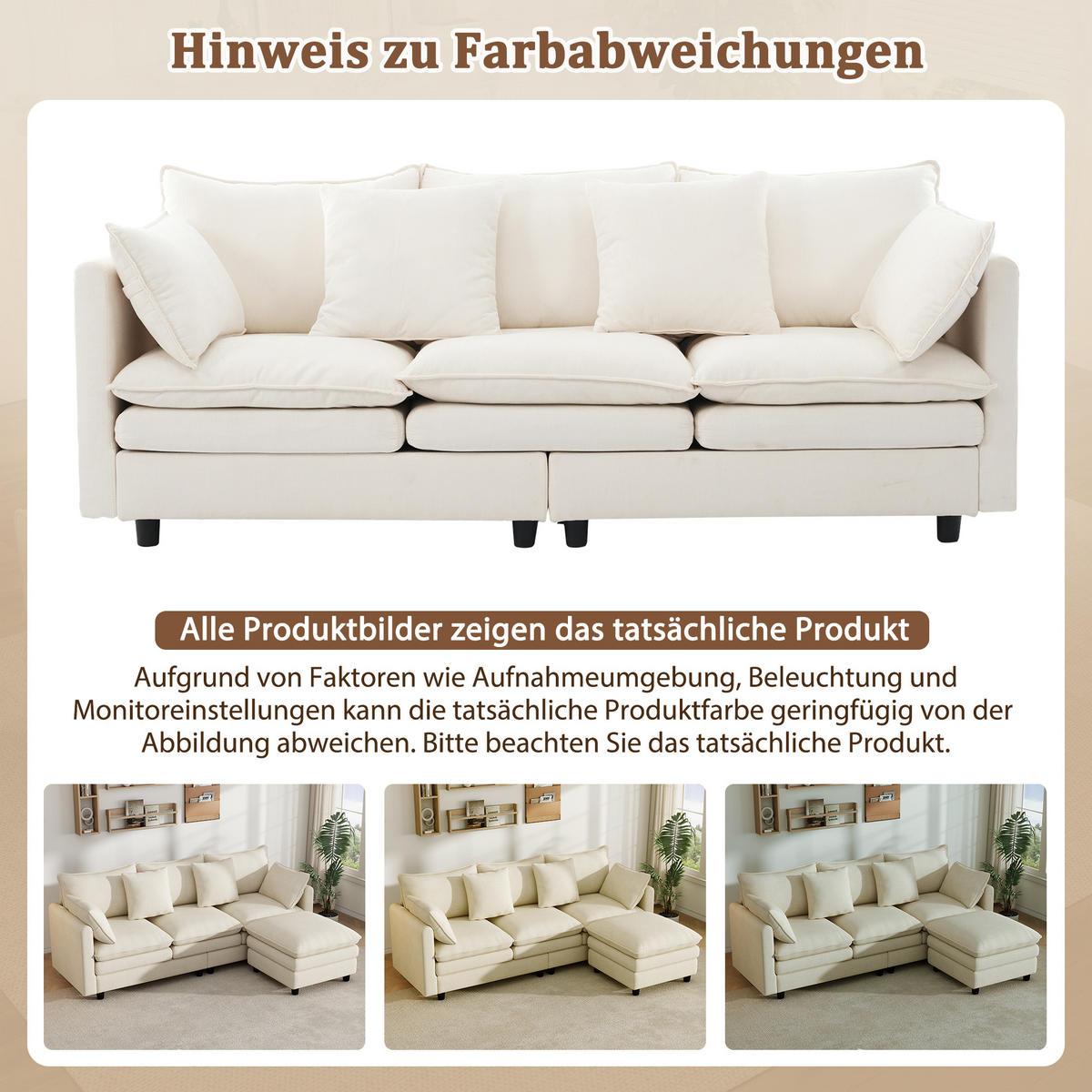 ECKSOFA 212/150/90 cm Beige mit 4 Zierkissen und 3 Rückenlehnen - Beige/Schwarz, Textil (212/150cm) - Oxeza