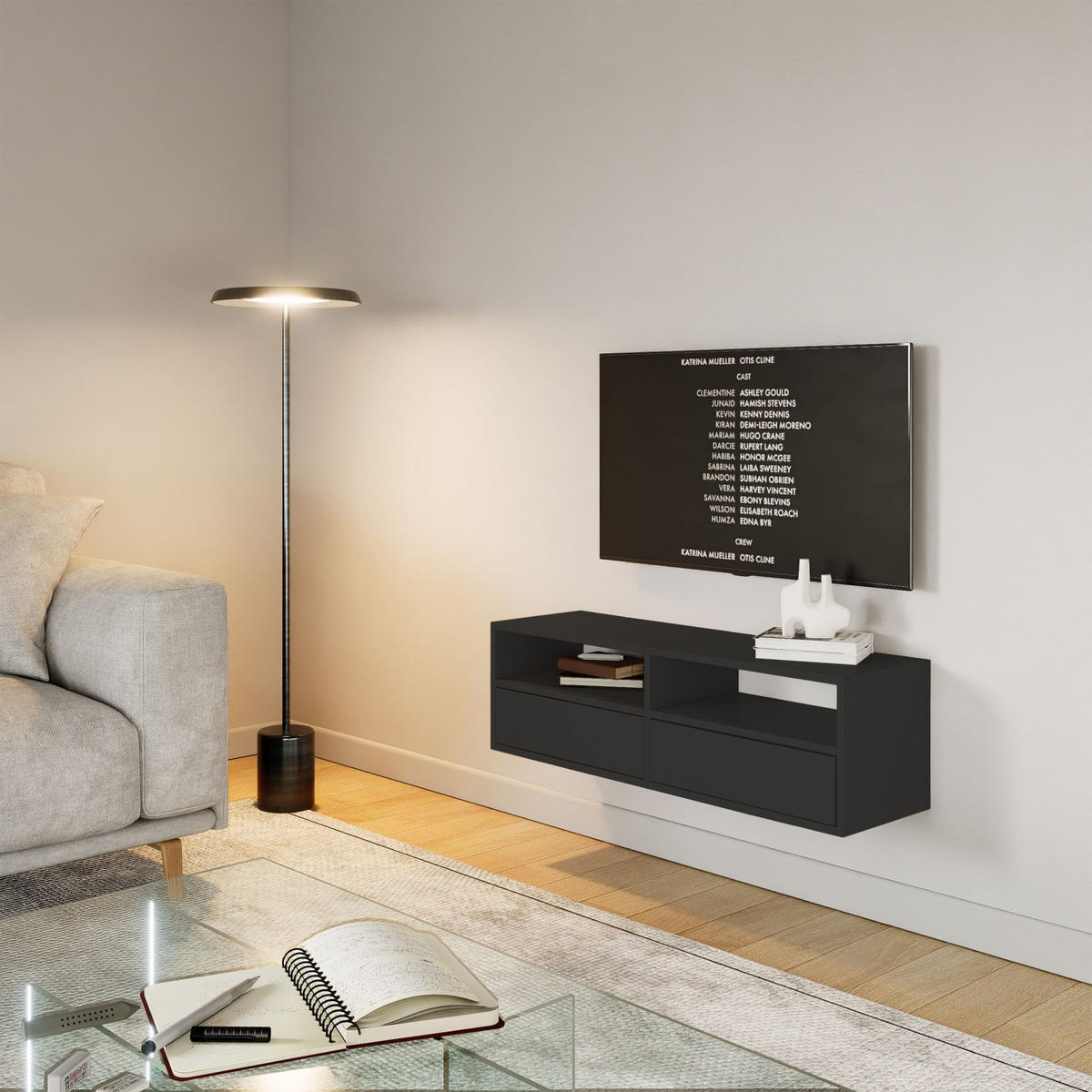 TV-LOWBOARD hängend, 2 Klappen und Ablagen, Schwarz, 100 cm - Schwarz, Holzwerkstoff (100.6/30/30cm) - Selsey