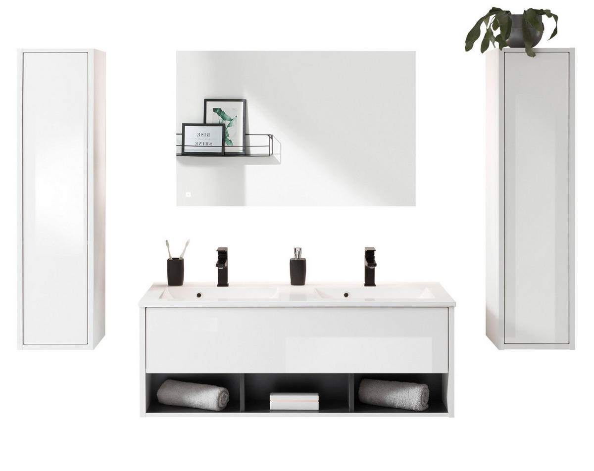 BADMÖBEL-SET weiß Hochglanz, grau, Komplettset mit Doppelwaschbecken und LED Beleuchtung - Weiß Hochglanz/Grau, Glas/Holzwerkstoff (200/190/47cm) - Furn.Design